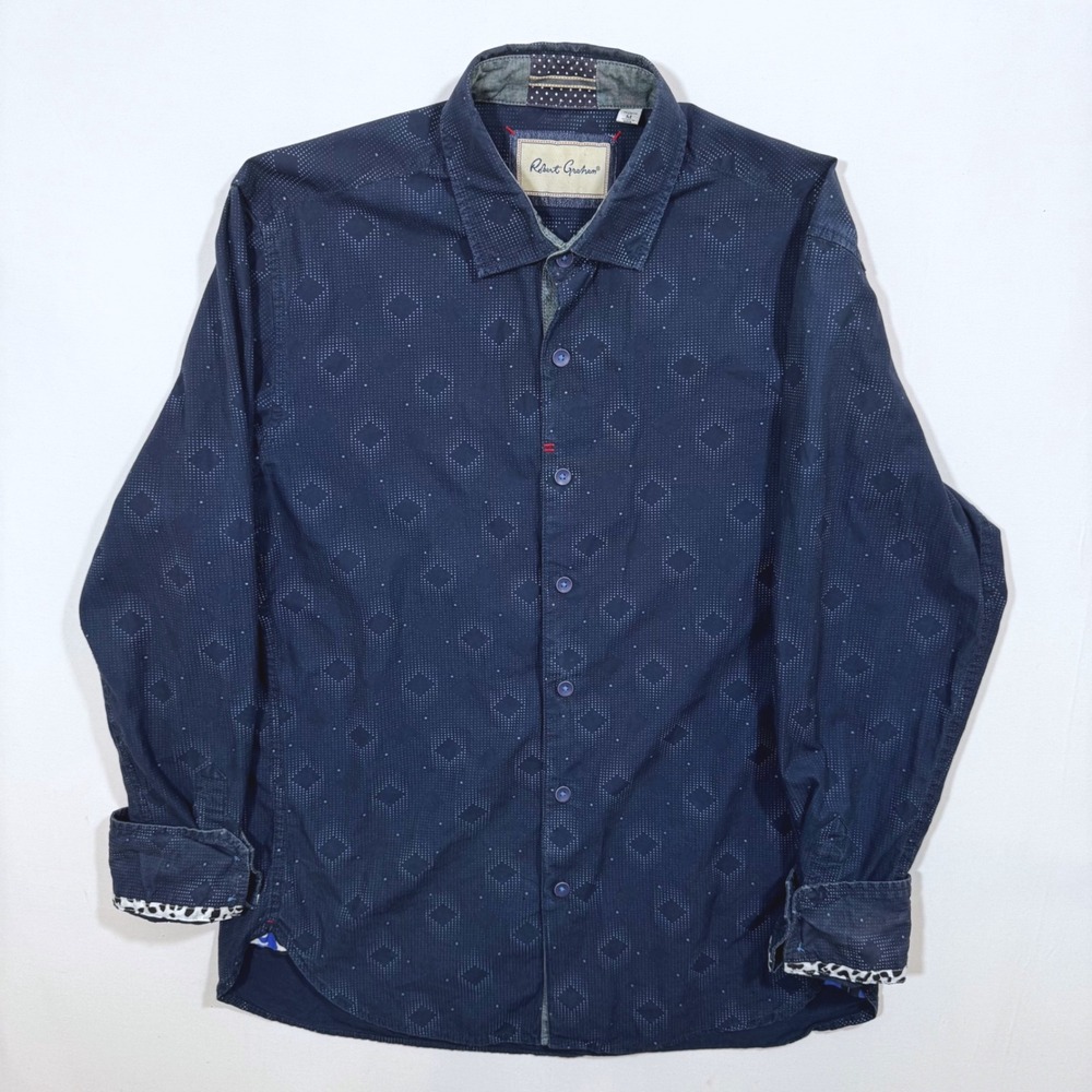 Robert Graham Men's Button Down‎ Shirt Navy Geometric Print Tailored Fit M Retro